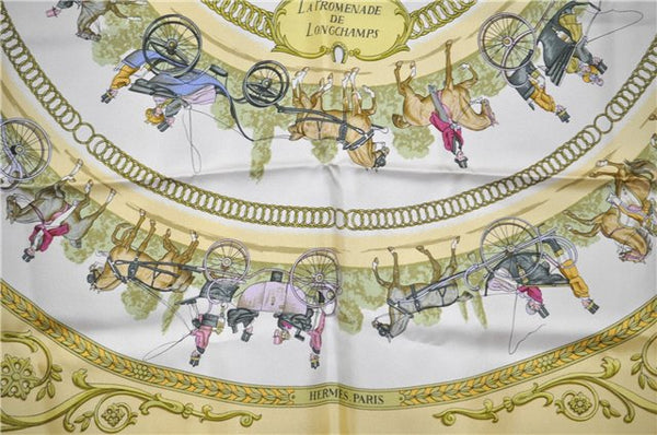 Authentic HERMES Carre 90 Scarf "LA PROMENADE DE LONGCHAMPS" Silk Yellow 6664F