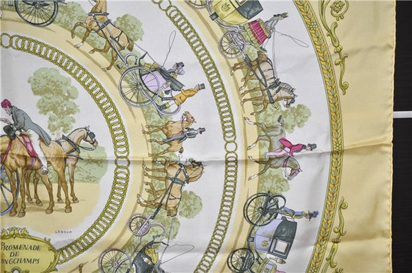 Authentic HERMES Carre 90 Scarf "LA PROMENADE DE LONGCHAMPS" Silk Yellow 6664F