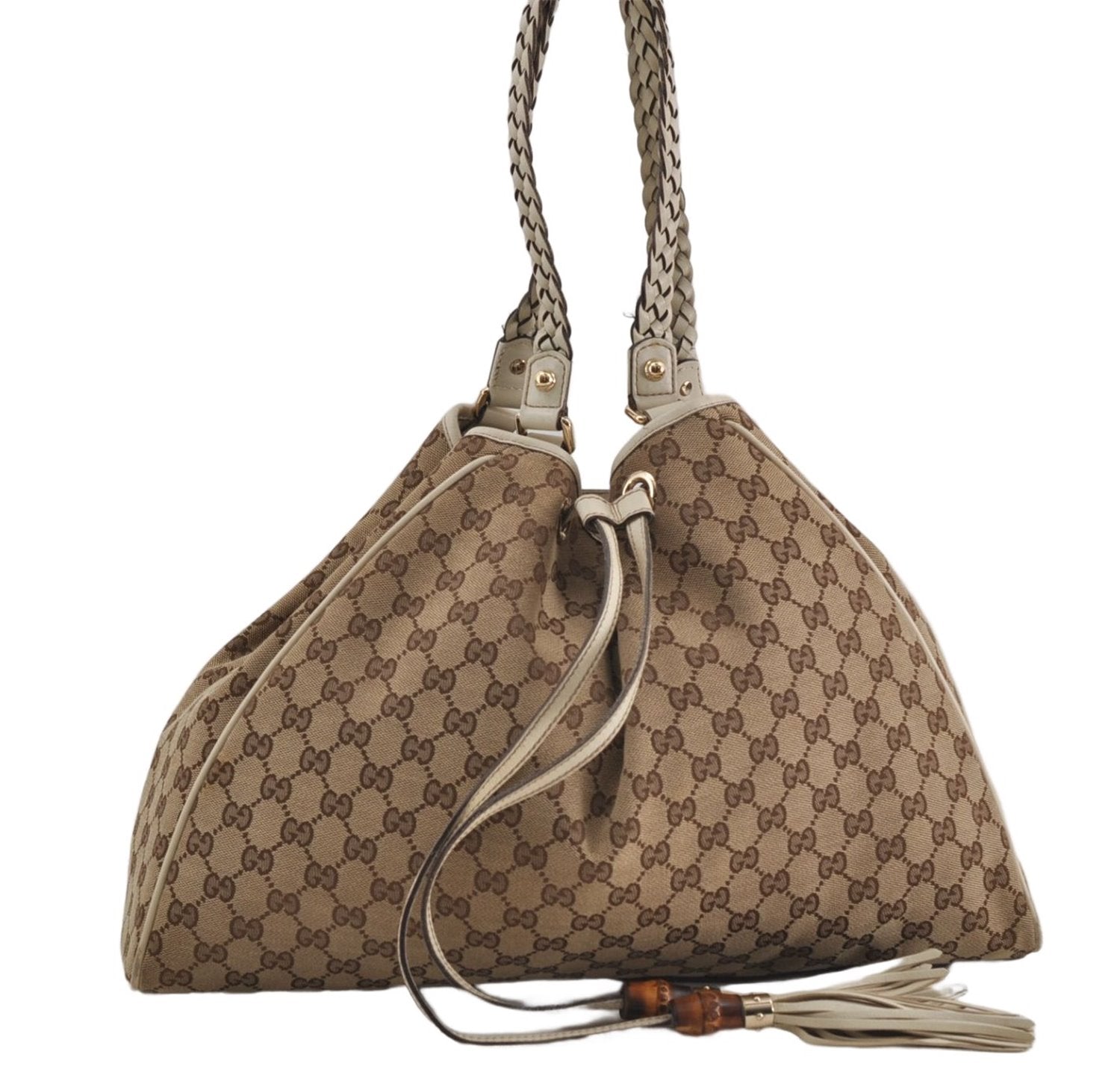 Authentic GUCCI Bamboo Shoulder Tote Bag Canvas Leather 170206 Brown White 6672D