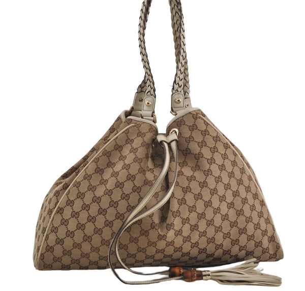 Authentic GUCCI Bamboo Shoulder Tote Bag Canvas Leather 170206 Brown White 6672D