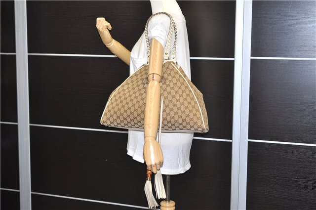 Authentic GUCCI Bamboo Shoulder Tote Bag Canvas Leather 170206 Brown White 6672D