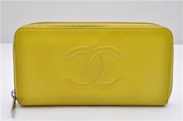 Authentic CHANEL Caviar Skin CoCo Mark Round Zip Long Wallet Purse Yellow 6674D