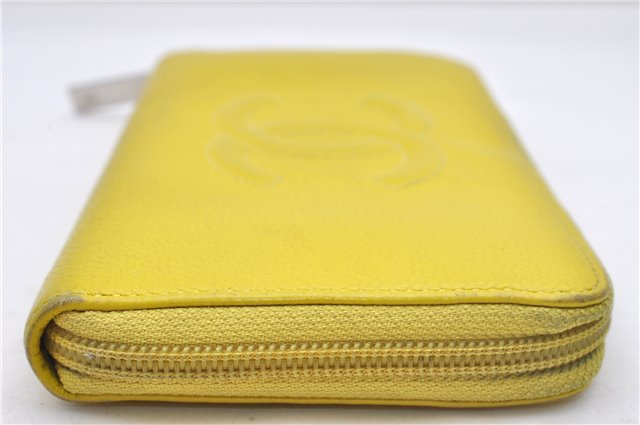 Authentic CHANEL Caviar Skin CoCo Mark Round Zip Long Wallet Purse Yellow 6674D