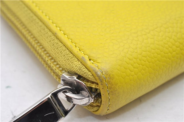 Authentic CHANEL Caviar Skin CoCo Mark Round Zip Long Wallet Purse Yellow 6674D