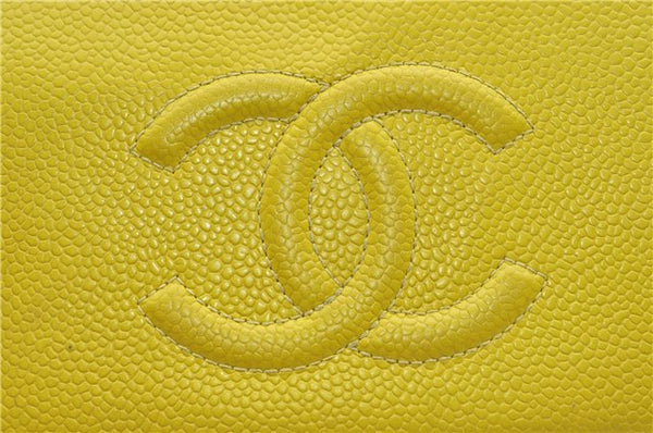 Authentic CHANEL Caviar Skin CoCo Mark Round Zip Long Wallet Purse Yellow 6674D