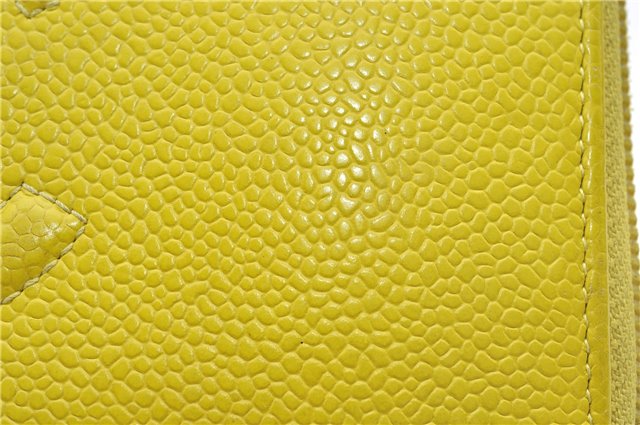 Authentic CHANEL Caviar Skin CoCo Mark Round Zip Long Wallet Purse Yellow 6674D