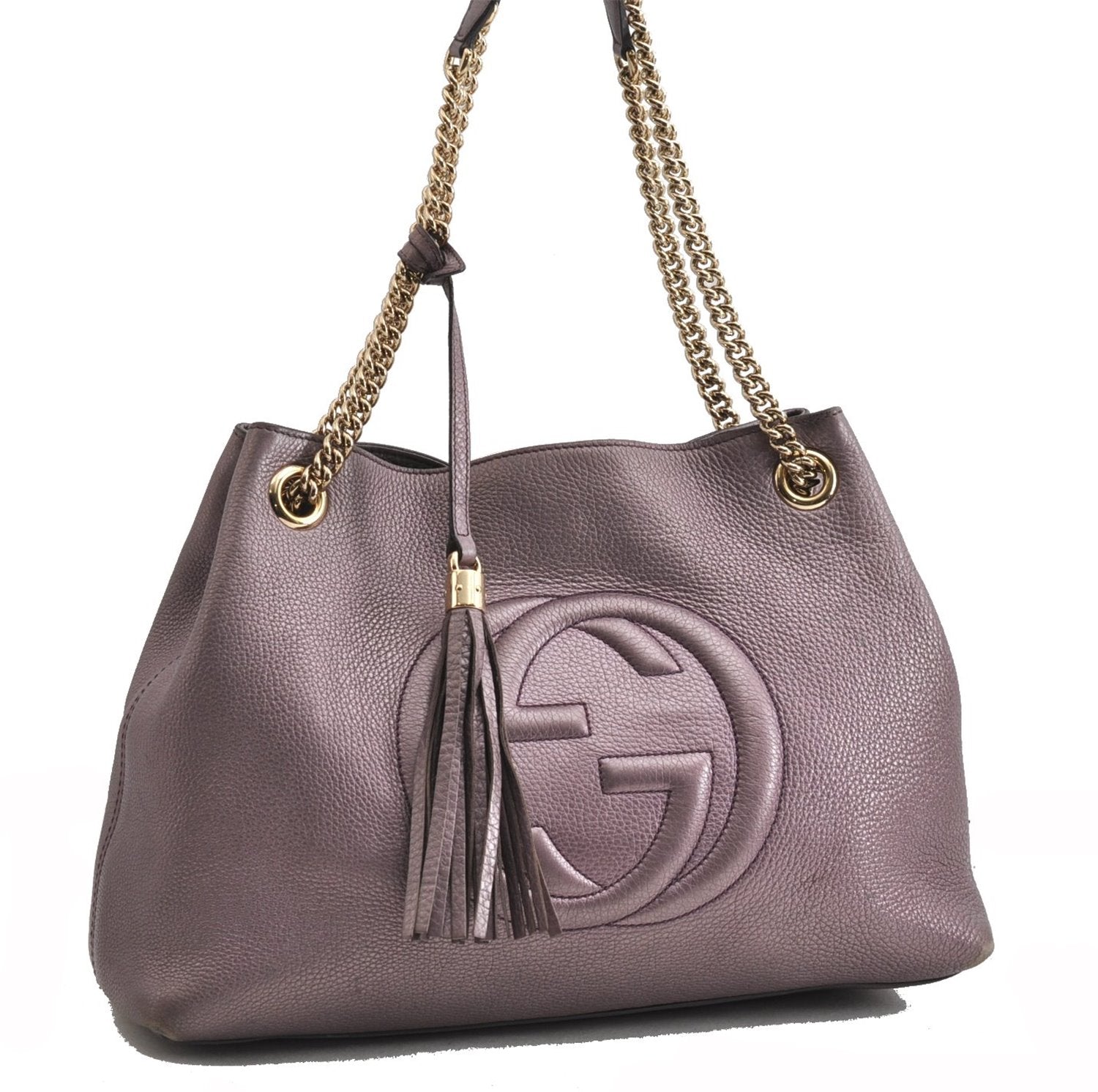 Authentic GUCCI SOHO Tassel Shoulder Tote Bag Chain Leather 308982 Purple 6681F