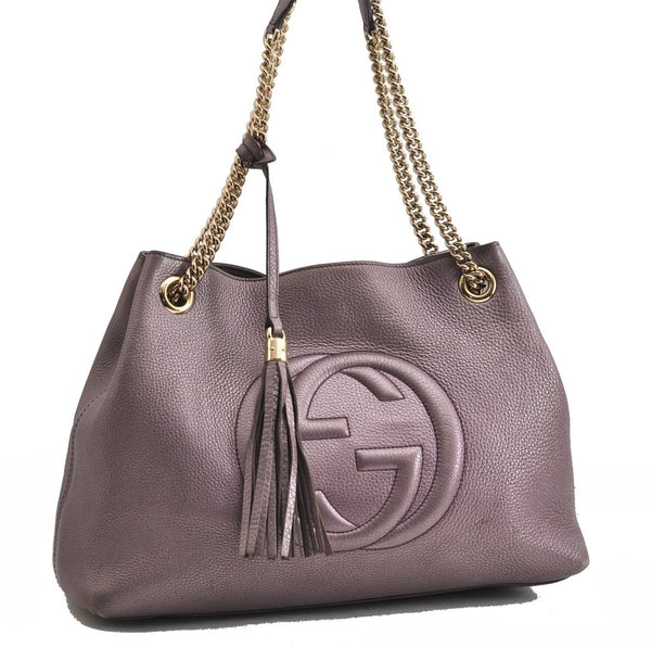 Authentic GUCCI SOHO Tassel Shoulder Tote Bag Chain Leather 308982 Purple 6681F