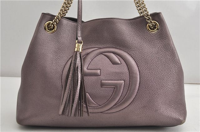 Authentic GUCCI SOHO Tassel Shoulder Tote Bag Chain Leather 308982 Purple 6681F