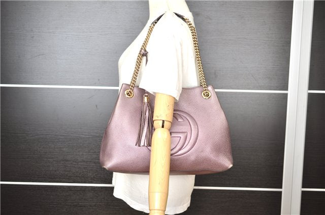 Authentic GUCCI SOHO Tassel Shoulder Tote Bag Chain Leather 308982 Purple 6681F