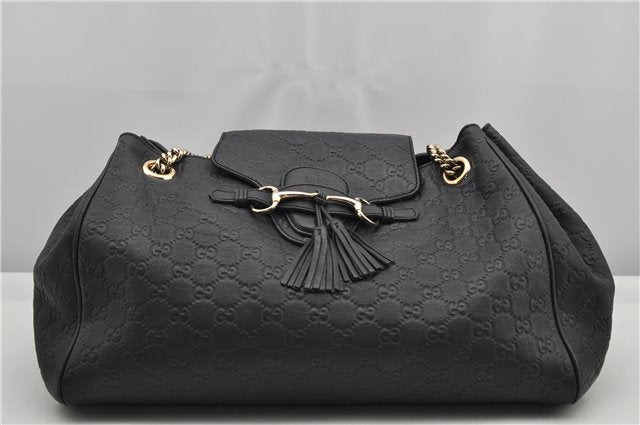 Authentic GUCCI Emily Horsebit Guccissima Leather Chain Tote Bag Black 6682F