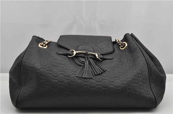 Authentic GUCCI Emily Horsebit Guccissima Leather Chain Tote Bag Black 6682F
