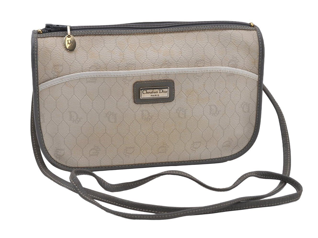 Authentic Christian Dior Honeycomb Shoulder Cross Bag PVC Leather White 6684I