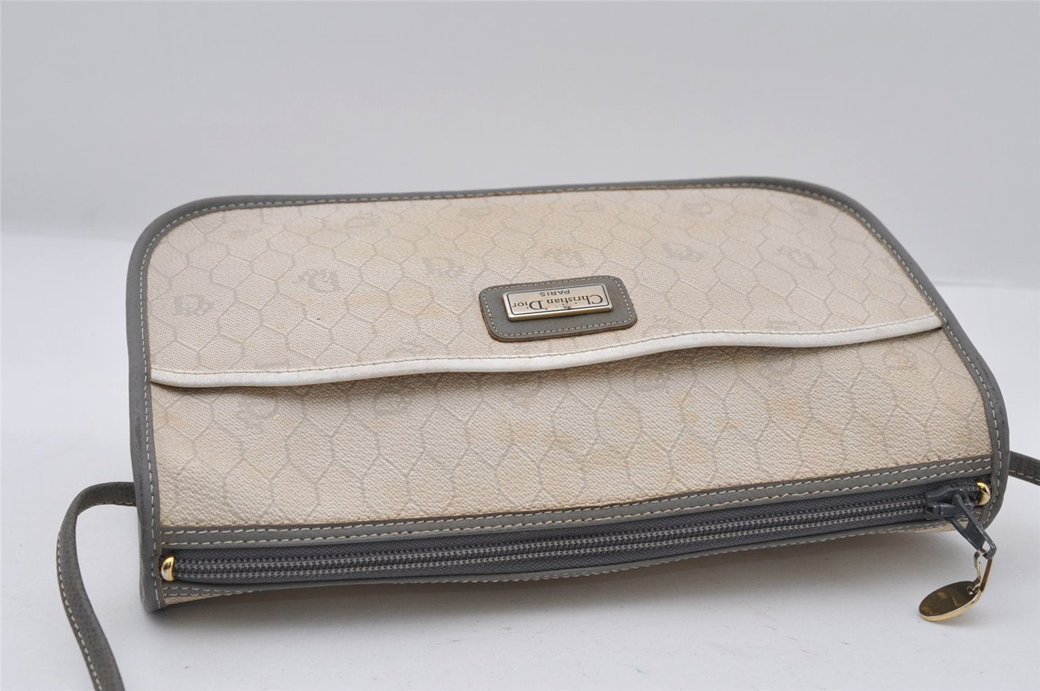 Authentic Christian Dior Honeycomb Shoulder Cross Bag PVC Leather White 6684I