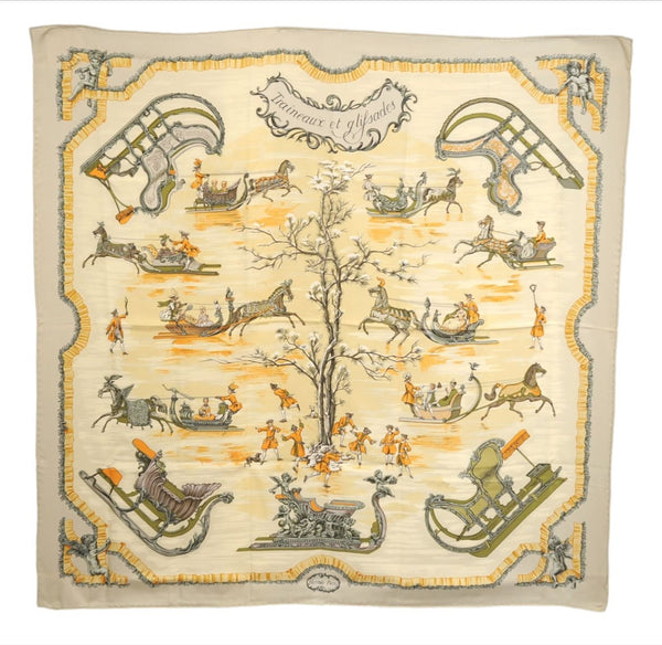 Authentic HERMES Carre 90 Scarf "Traineaux et glifsades" Silk Ivory 6685E