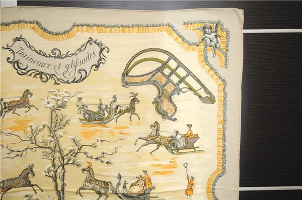 Authentic HERMES Carre 90 Scarf "Traineaux et glifsades" Silk Ivory 6685E
