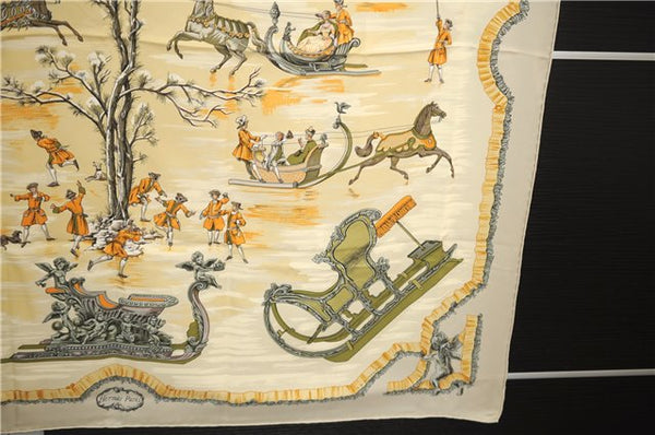 Authentic HERMES Carre 90 Scarf "Traineaux et glifsades" Silk Ivory 6685E