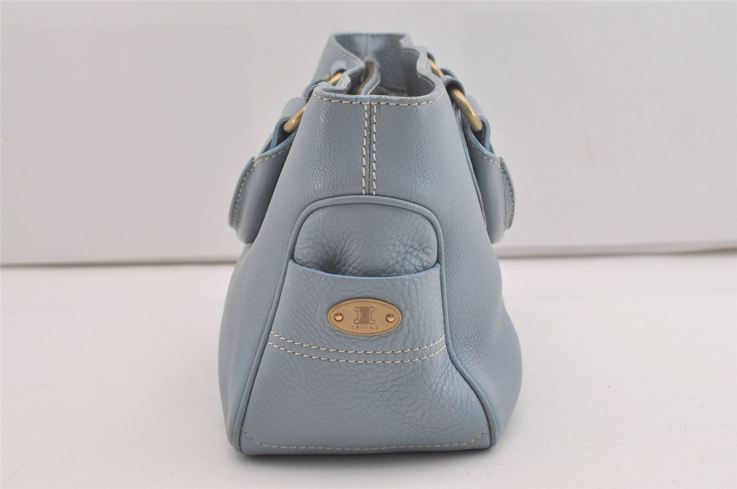 Authentic CELINE Boogie Bag Vintage Hand Bag Purse Leather Light Blue 6685I
