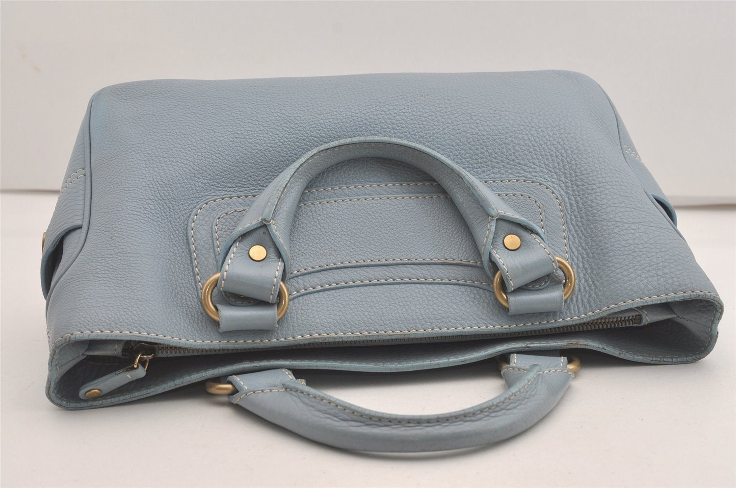 Authentic CELINE Boogie Bag Vintage Hand Bag Purse Leather Light Blue 6685I