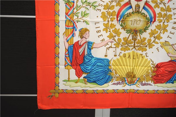 Auth HERMES Carre 90 Scarf "1789 LIBERTE EGALITE FRATERNITE" Silk Orange 6686E