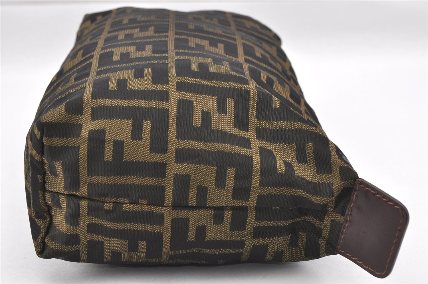 Authentic FENDI Zucca Clutch Hand Bag Purse Nylon Leather Brown Black 6686I