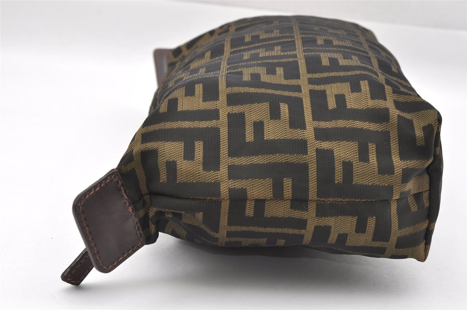 Authentic FENDI Zucca Clutch Hand Bag Purse Nylon Leather Brown Black 6686I