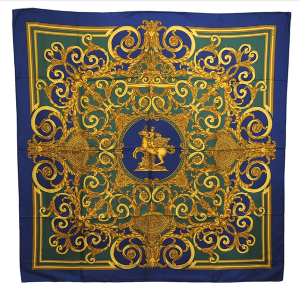 Authentic HERMES Carre 90 Scarf "LES TUILERIES " Silk Blue Green Box 6692E