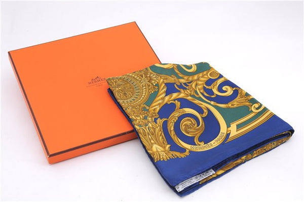 Authentic HERMES Carre 90 Scarf "LES TUILERIES " Silk Blue Green Box 6692E