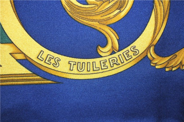 Authentic HERMES Carre 90 Scarf "LES TUILERIES " Silk Blue Green Box 6692E