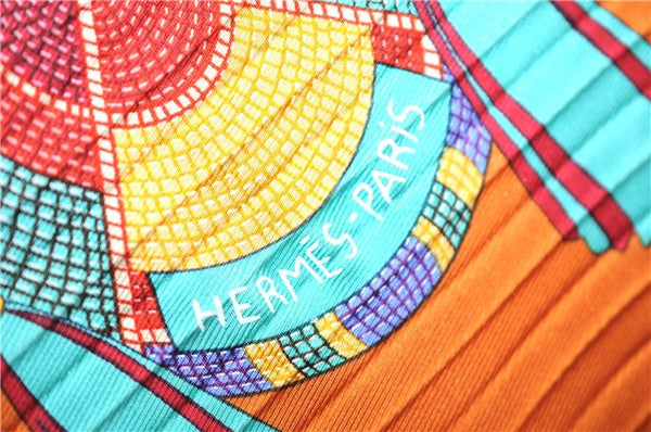 Authentic HERMES Pleats Scarf "L'ART INDIEN DES PLAINES" Silk Orange Box 6695E