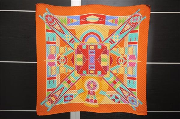 Authentic HERMES Pleats Scarf "L'ART INDIEN DES PLAINES" Silk Orange Box 6695E