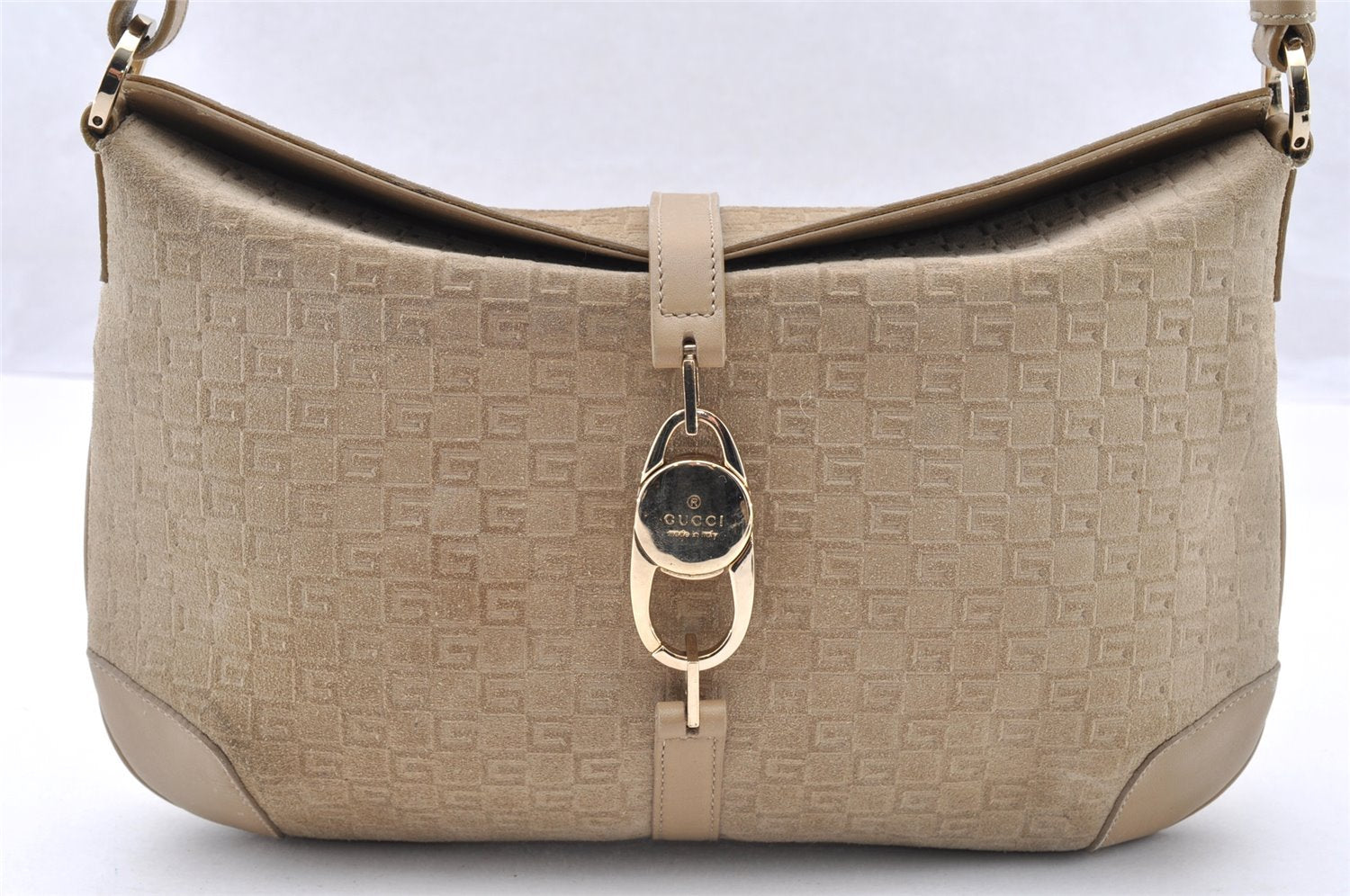 Authentic GUCCI Square GG Shoulder Bag Purse Suede Leather 0014147 Beige 6698I