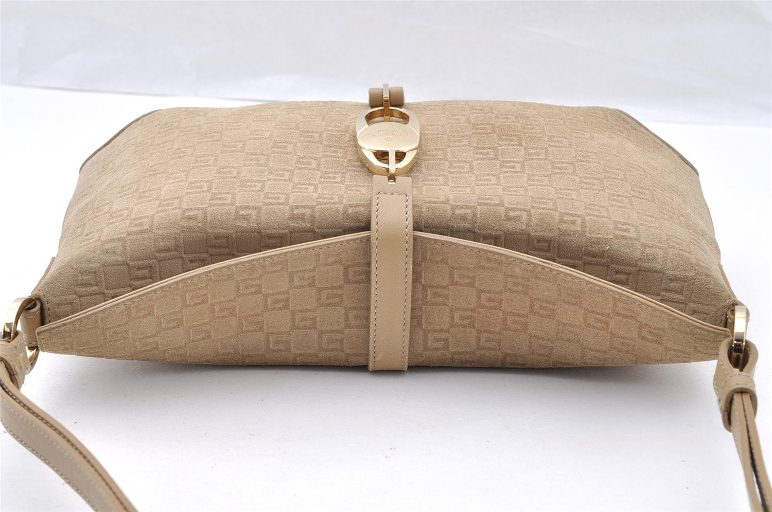 Authentic GUCCI Square GG Shoulder Bag Purse Suede Leather 0014147 Beige 6698I