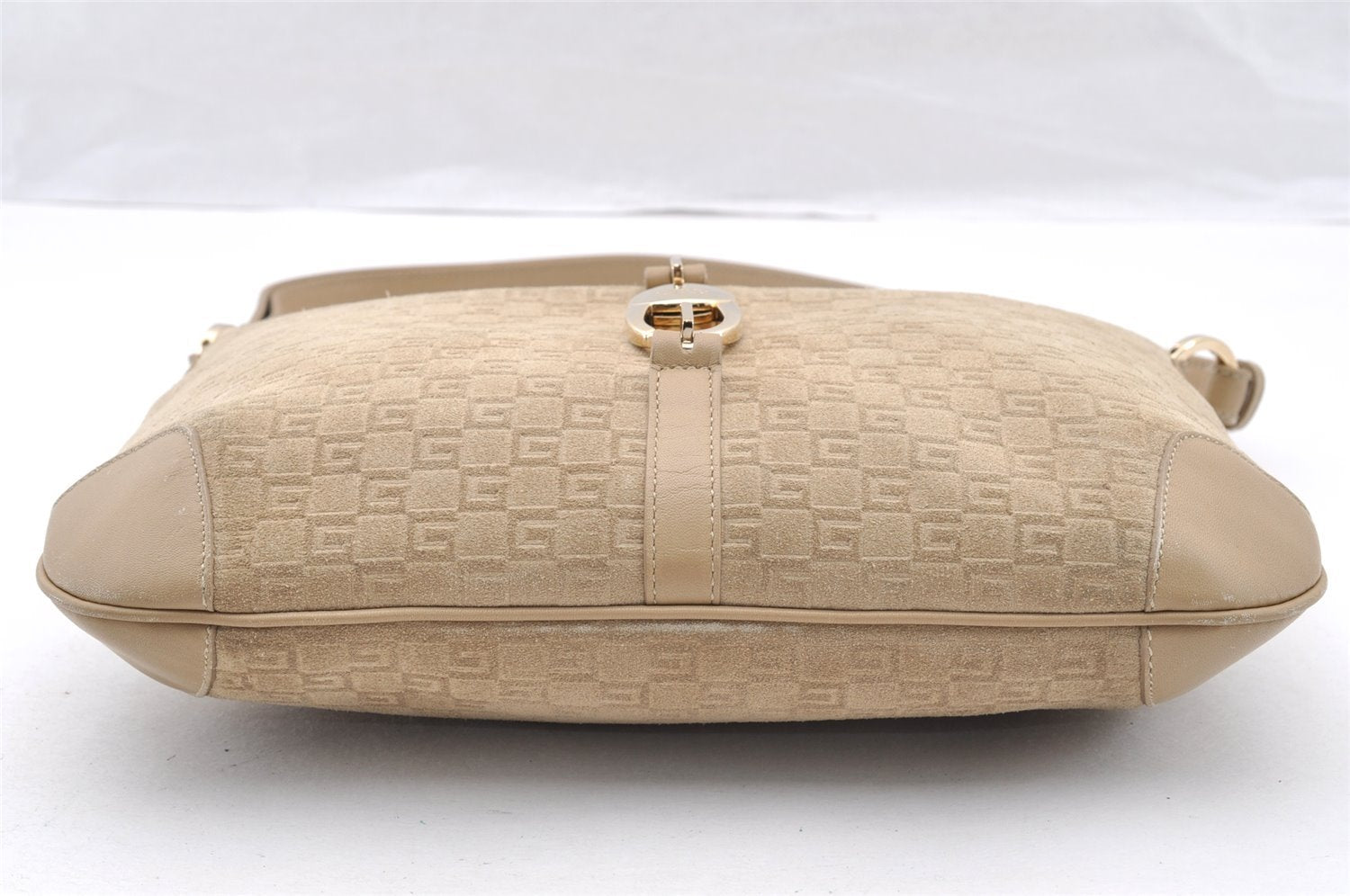 Authentic GUCCI Square GG Shoulder Bag Purse Suede Leather 0014147 Beige 6698I