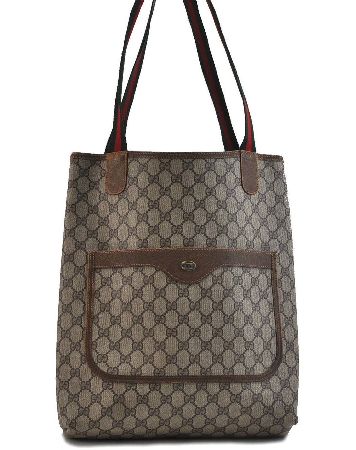 Authentic GUCCI Web Sherry Line Shoulder Tote Bag PVC Leather Brown 6704C