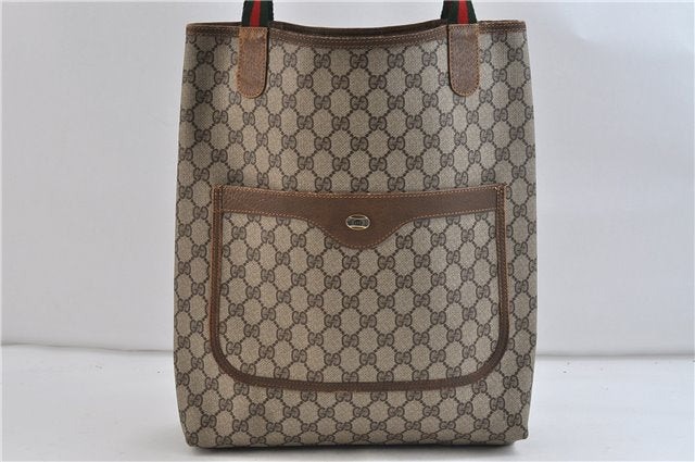 Authentic GUCCI Web Sherry Line Shoulder Tote Bag PVC Leather Brown 6704C