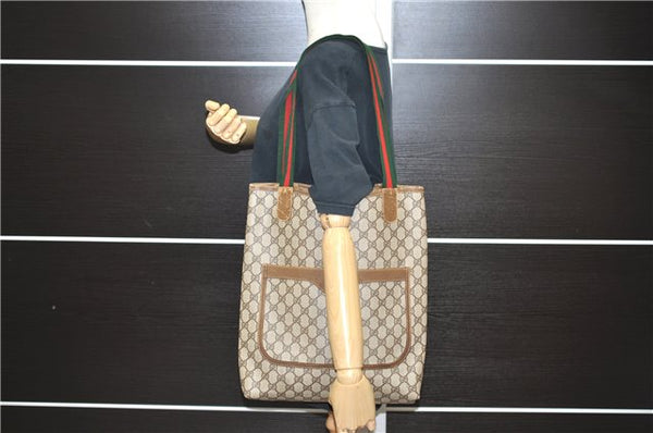 Authentic GUCCI Web Sherry Line Shoulder Tote Bag PVC Leather Brown 6704C