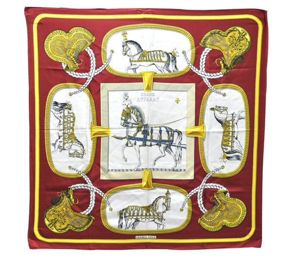 Authentic HERMES Carre 90 Scarf "GRAND APPARAT" Silk Red 6706C