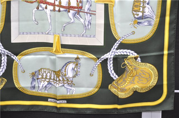 Authentic HERMES Carre 90 Scarf "GRAND APPARAT" Silk Khaki Green 6706E