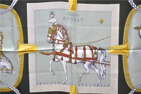 Authentic HERMES Carre 90 Scarf "GRAND APPARAT" Silk Khaki Green 6706E