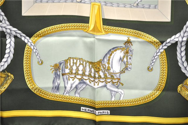 Authentic HERMES Carre 90 Scarf "GRAND APPARAT" Silk Khaki Green 6706E
