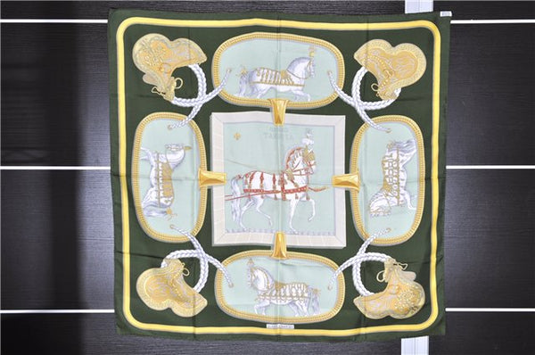 Authentic HERMES Carre 90 Scarf "GRAND APPARAT" Silk Khaki Green 6706E