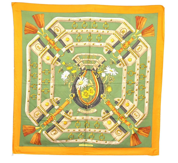 Authentic HERMES Carre 90 Scarf "aux champs" Silk Orange Green 6709C