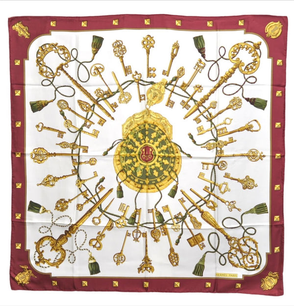 Authentic HERMES Carre 90 Scarf "LES CLES" Silk Bordeaux Red 6711E