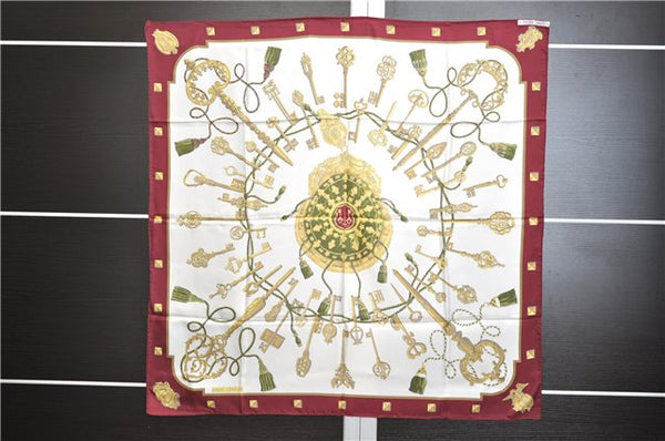 Authentic HERMES Carre 90 Scarf "LES CLES" Silk Bordeaux Red 6711E