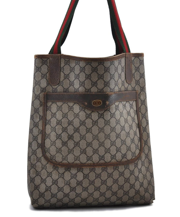 Authentic GUCCI Web Sherry Line Shoulder Tote Bag PVC Leather Brown 6715C