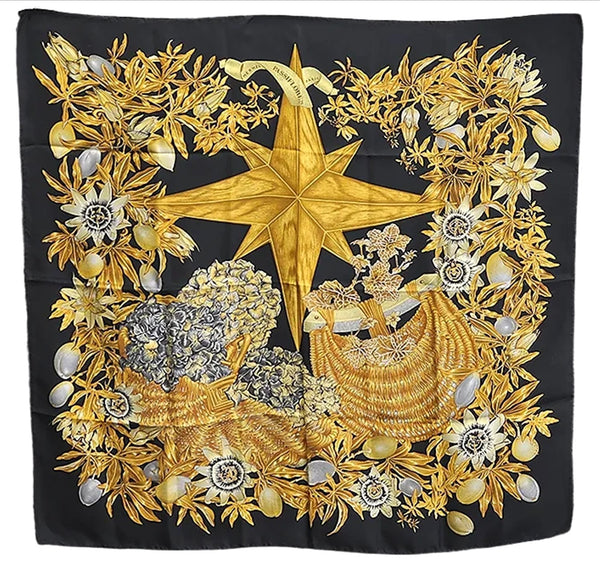 Authentic HERMES Carre 90 Scarf "PASSIFLORES" Silk Black 6717E