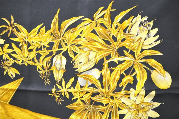 Authentic HERMES Carre 90 Scarf "PASSIFLORES" Silk Black 6717E