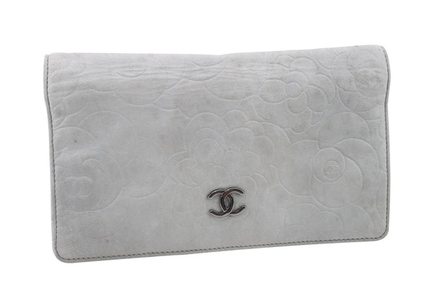 Authentic CHANEL Camellia Calf Skin Long Wallet Purse Light Blue 6726C