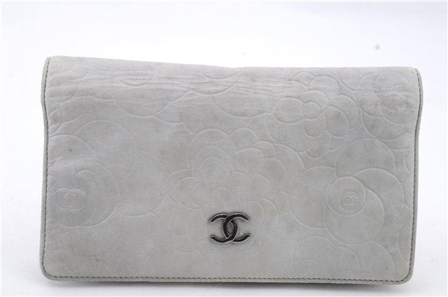 Authentic CHANEL Camellia Calf Skin Long Wallet Purse Light Blue 6726C